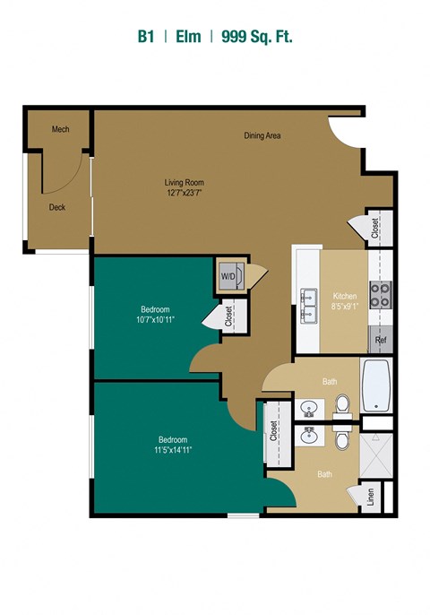 Floor plan for 2 beds, 2 baths, 999 sqft